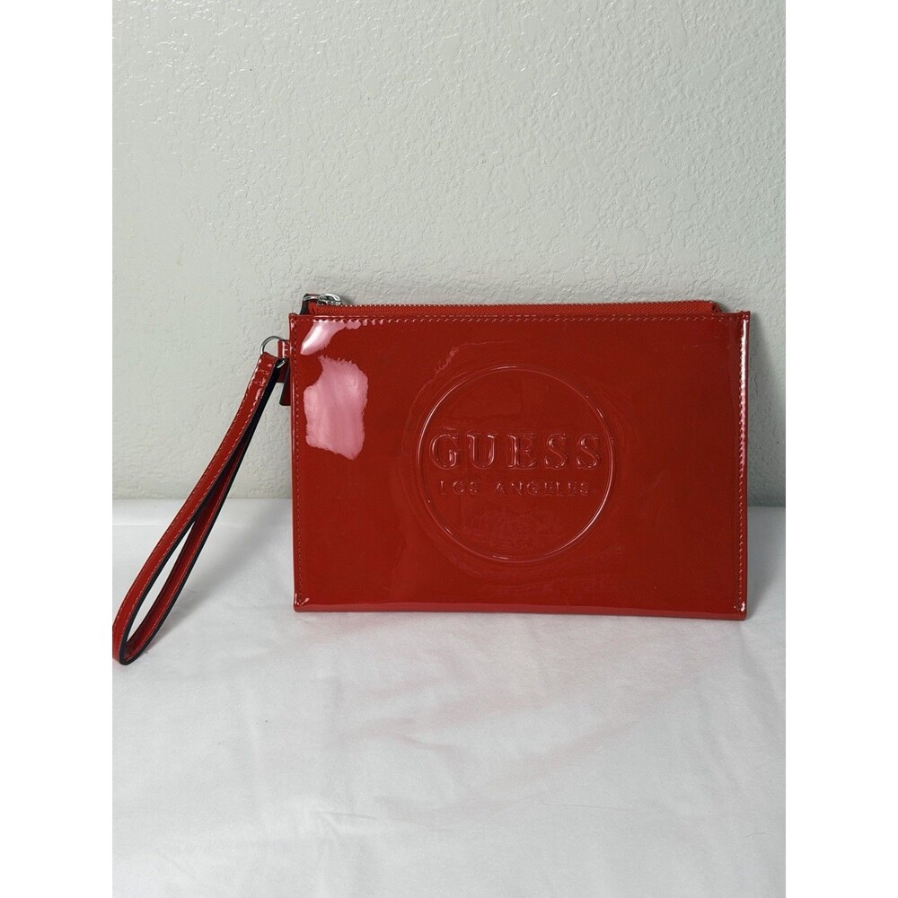 GUESS Los Angeles Red Patent Leather Clutch Wristlet Pouch Embossed Logo